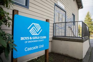 Graffiti covers the eastern side of the Boys & Girls Clubs of Snohomish County Cascade Unit on Friday, Dec. 1, 2023 in Everett, Washington. (Olivia Vanni / The Herald)