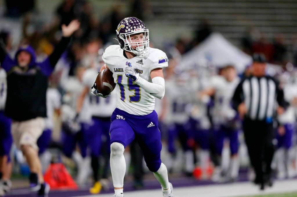 Lake Stevens senior Jesse Lewis coasts into the end zone for a touchdown on a long catch and run against Graham-Kapowsin during the WIAA 4A Football State Championship on Saturday, Dec. 2, 2023, at Husky Stadium in Seattle, Washington. (Ryan Berry / The Herald)