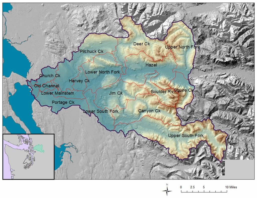 A graphic from the "Stillaguamish Water Quality Trend Report" (2018) maps the Stillaguamish River's watershed and sub-basins.