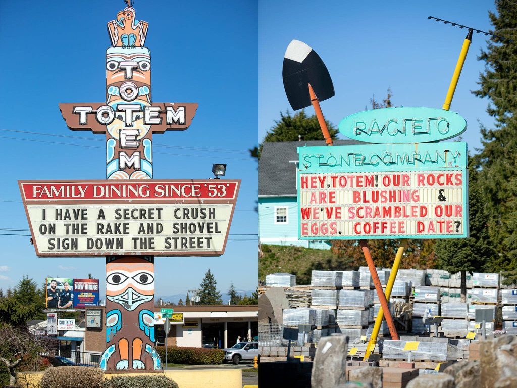 In this side-by-side image, the Totem Diner and Pacific Stone Company signs put on a flirty display for all to see Wednesday, March 22, 2023, in Everett, Washington. (Ryan Berry / The Herald)