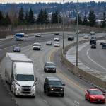 Traffic moves northbound on I-5 through Everett on Friday, Dec. 2, 2022. (Olivia Vanni / The Herald)