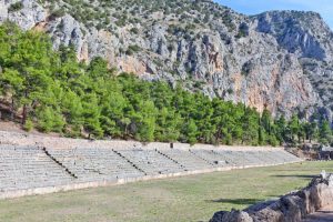 Every four years, athletes and musicians would congregate at Delphi's stadium for the Pythian Games to honor Apollo – and win a coveted laurel wreath. (Cathy Lu / Rick Steves' Europe)