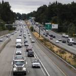 Traffic moves along I-405 between Highway 522 and Highway 527 on Friday, Aug. 20, 2021 in Bothell, Washington. (Olivia Vanni / The Herald)