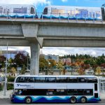 A Sound Transit bus at it's new stop in the shadow of the newly opened Northgate Lightrail Station in Seattle. (Kevin Clark / The Herald)