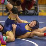 Everett and Monroe wrestlers flip around during a match on Wednesday, Dec. 13, 2023 in Everett, Washington. (Olivia Vanni / The Herald)