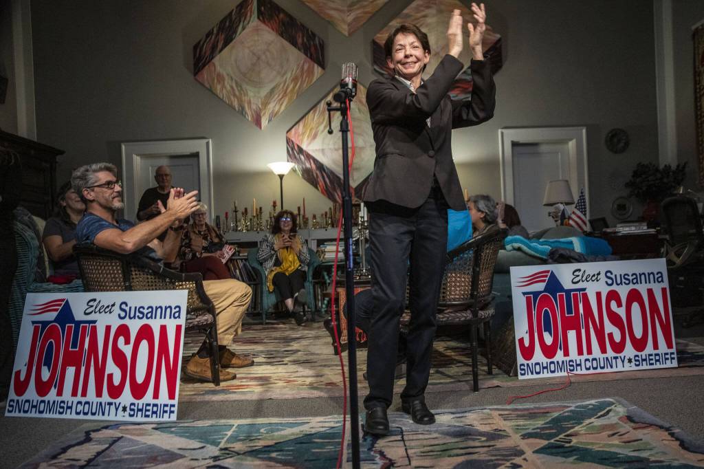 Susanna Johnson delivers preliminary election results that showed her leading the Snohomish County sheriffs race on Tuesday, Nov. 7, 2023, at 230 Avenue B in Snohomish, Washington. Johnson would go on to defeat incumbent Sheriff Adam Fortney. (Annie Barker / The Herald)