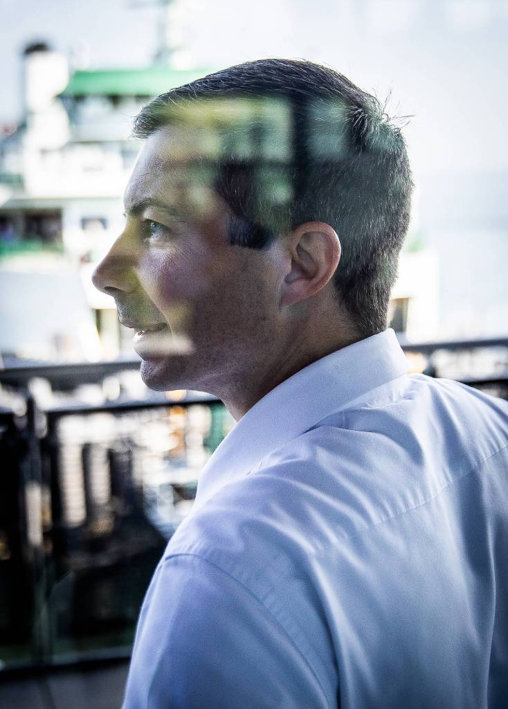 U.S. Transportation Secretary Pete Buttigieg visits the Mukilteo Ferry Terminal to see firsthand where federal funds have been implemented in the Washington State Ferry system on July 6, 2023 in Mukilteo, Washington. (Olivia Vanni / The Herald)