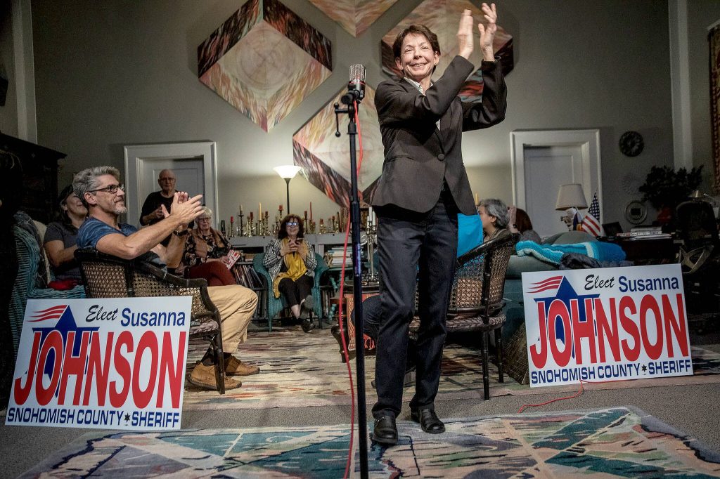 Susanna Johnson delivers preliminary election results that showed her leading the Snohomish County sheriffs race on Tuesday, Nov. 7, 2023, at 230 Avenue B in Snohomish, Washington. Johnson would go on to defeat incumbent Adam Fortney. (Annie Barker / The Herald)