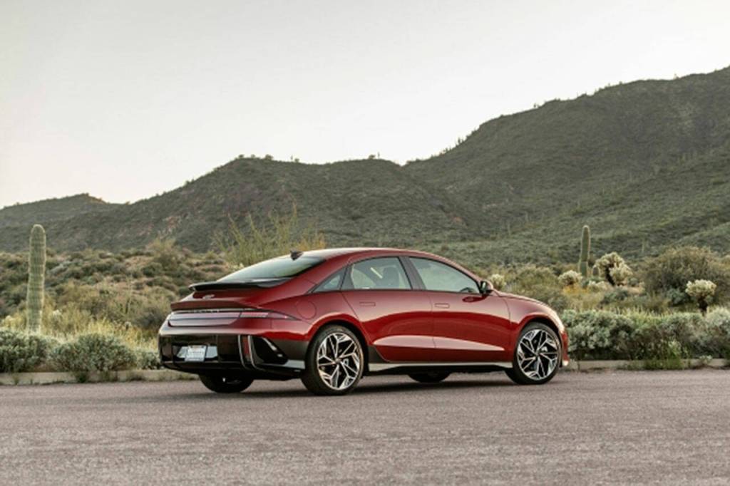 Trunk space in the 2023 Hyundai Ioniq 6 measures 11.2 cubic feet. The second-row bench seat folds down for more room. (Hyundai)