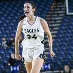 Arlington’s Jenna Villa reacts to a teammate drawing a foul call during the 3A quarterfinal game against Meadowdale on Thursday, March 2, 2023 in Tacoma, Washington. (Olivia Vanni / The Herald)