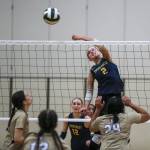 Shorecrests Violet Burchak (2) hits the ball during a volleyball game against Lynnwood at Shorecrest High School in Shoreline on Oct. 3. (Annie Barker / The Herald)