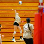 Lynnwood outside hitter Sammy Holmer goes for a kill during a Class 3A District 1 volleyball matchup against Shorecrest onNov. 9 at Marysville Pilchuck High School in Marysville. (Ryan Berry / The Herald)