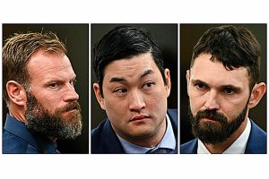 Matthew Collins, from left, Timothy Rankine and Christopher "Shane" Burbank. (Brian Hayes/The News Tribune via AP, Pool; File)