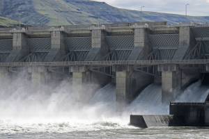 FILE - In this April 11, 2018, file photo, water moves through a spillway of the Lower Granite Dam on the Snake River near Almota, Wash. Some Republican members of Congress from the Northwest are accusing a GOP Idaho lawmaker of conducting secret negotiations with the Democratic governor of Oregon over a controversial proposal to breach four dams on the Snake River to save endangered salmon runs. (AP Photo/Nicholas K. Geranios, File)