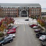 A car drives by Everett Station where Everett Mayor Cassie Franklins proposal for its ARPA funds includes funding a child care center at station. (Olivia Vanni / The Herald) 20211118