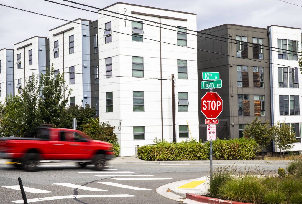 A truck crosses Trojan Way on Monday, Sept. 11, 2023 in Everett, Washington. (Olivia Vanni / The Herald)