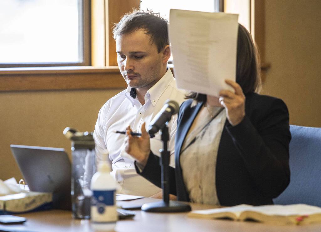 Christian Sayre at his bail hearing at the Snohomish County Courthouse on Wednesday, April 6, 2022 in Everett, Washington. (Olivia Vanni / The Herald)