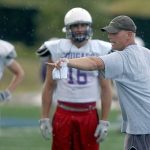 Kalen DeBoer leads practice at the University of Sioux Falls in Sioux Falls, South Dakota, on Aug. 19, 2009. (Elisha Page / The Argus Leader via Associated Press)
