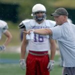 FILE - Sioux Falls head football coach Kalen DeBoer leads practice at the University of Sioux Falls in Sioux Falls, S.D. on Aug. 19, 2009. DeBoer has made a rapid rise through the coaching ranks. He won three NAIA national championships as head coach at the University of Sioux Falls from 2005-09 and had five coaching stops in 12 years before landing at Washington.(Elisha Page/The Argus Leader via AP, File)