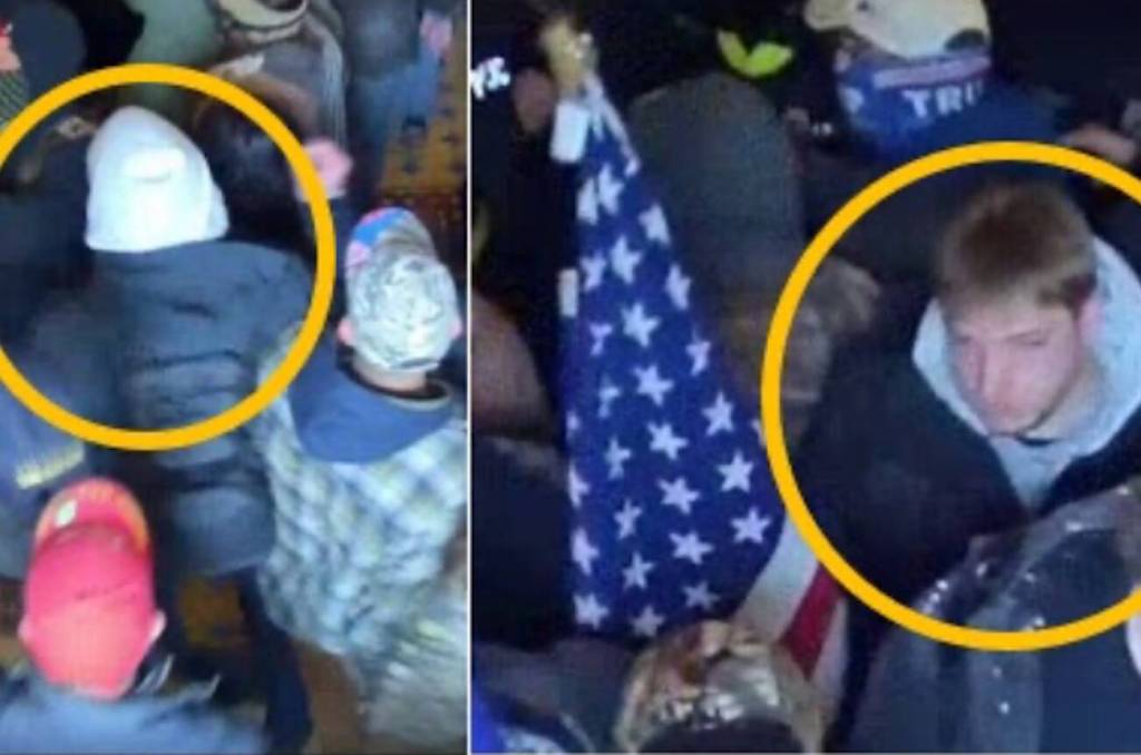 Matthew Stickney leans an American flag against the door of the Parliamentarians Office and leaves it there before continuing to exit the Capitol on January 6, 2021. He pulls his gray hood back over his head and exits the U.S. Capitol. (U.S. Attorneys Office for the District of Columbia)