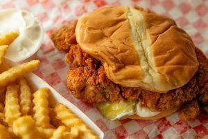 The hot chicken sandwich from Zoey’s Fried Chicken Sandwiches on Wednesday, Dec. 27, 2023, on Casino Road in Everett, Washington. (Ryan Berry / The Herald)