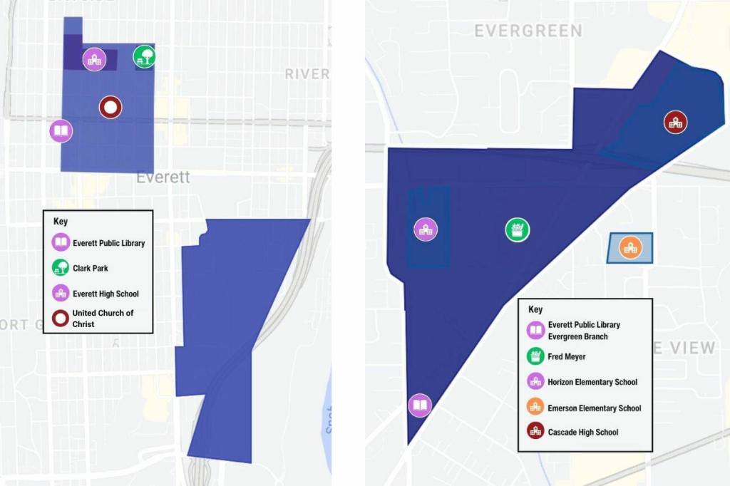 Left, the area of downtown Everett where the no-sit, no-lie ordinance is in effect. Right, the no sit, no lie buffer zone along Evergreen Way, near Fred Meyer, in Everett is about 300 acres.