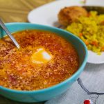 A bowl of borscht is served at European Deli Svitlana. Each employee at the deli makes their borscht a little different, offering diners a unique experience with each visit. (Ryan Berry / The Herald)