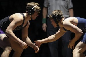 Lake Stevens’ Brandon Resor and Glacier Peak’s Gil Mossburg wrestle at Lake Stevens High School on Thursday Jan. 26, 2023. (Annie Barker / The Herald)