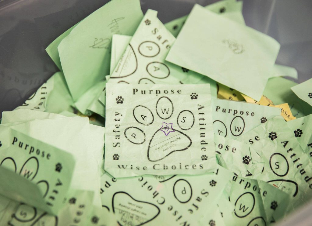 PAWS (purpose, attitude, wise choices and safety) notes are given out to Evergreen Middle School students. (Olivia Vanni / The Herald)