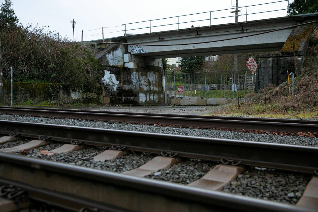 An old underpass at Bond Street is blocked off along Pigeon Creek Trail on Tuesday, Jan. 2, 2024, in Everett, Washington. (Ryan Berry / The Herald)