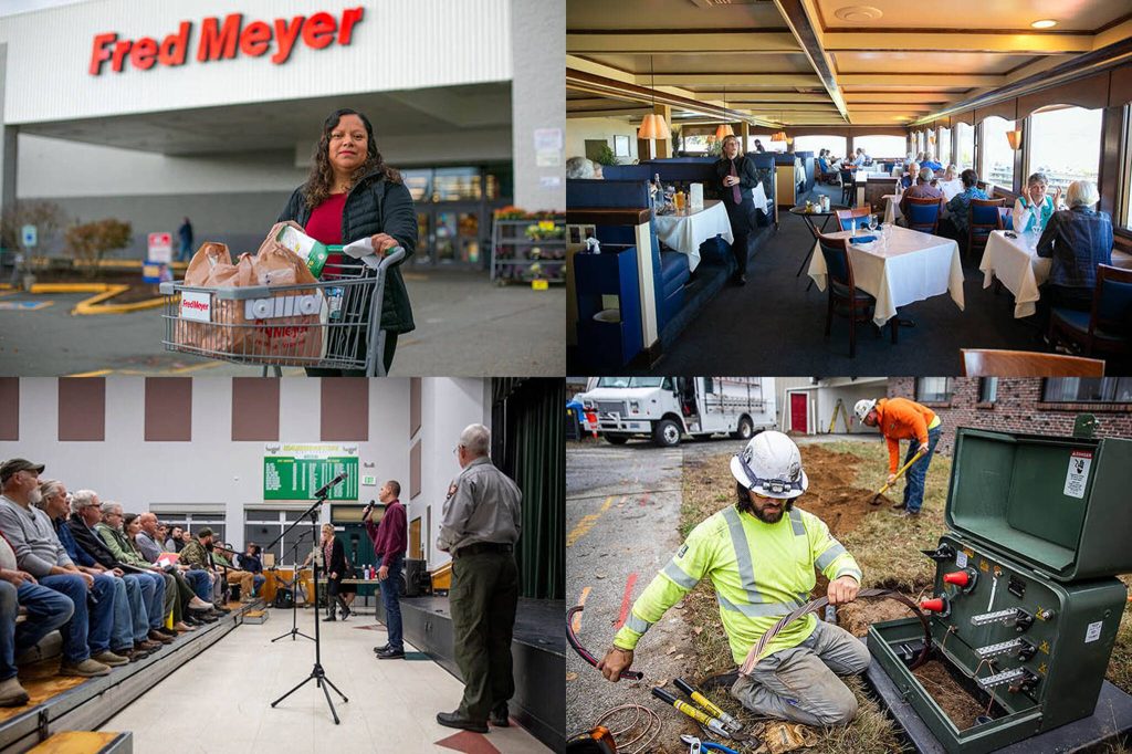 Clockwise from top left: Silvia Mendoza exits the Fred Meyer on Evergreen Way on Nov. 2 in Everett (Ryan Berry), the afternoon lunch crowd at Arnies restaurant on Aug 11 in Mukilteo (Ryan Berry), Cole Riccardo works on setting up new underground power lines on Aug. 31 in Arlington (Olivia Vanni ) and U.S. Fish and Wildlife Service State Supervisor Brad Thompson speaks during a public meeting at Darrington High School Auditorium on Nov. 2 in Darrington (Annie Barker).