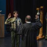 Snohomish County sheriff Susanna Johnson is sworn in by Judge Moriarty during the ceremonial oath of office at the PUD auditorium in Everett, Washington on Tuesday, Jan. 2, 2024. (Annie Barker / The Herald)