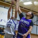 Lake Stevens Keira Tupua blocks a shot by Kamiaks Addy Baker during the game on Wednesday, Jan. 3, 2024 in Mukilteo, Washington. (Olivia Vanni / The Herald)