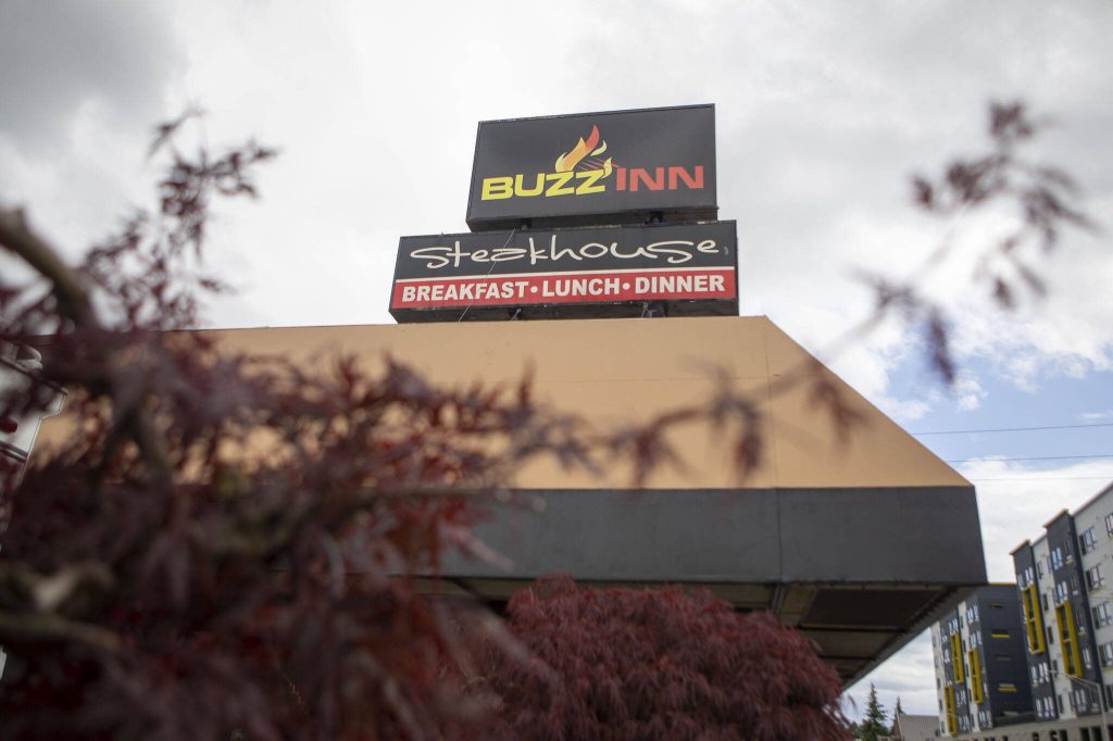 The exterior of a Buzz Inn restaurant in Everett, Washington on Monday, July 24, 2023. (Annie Barker / The Herald)