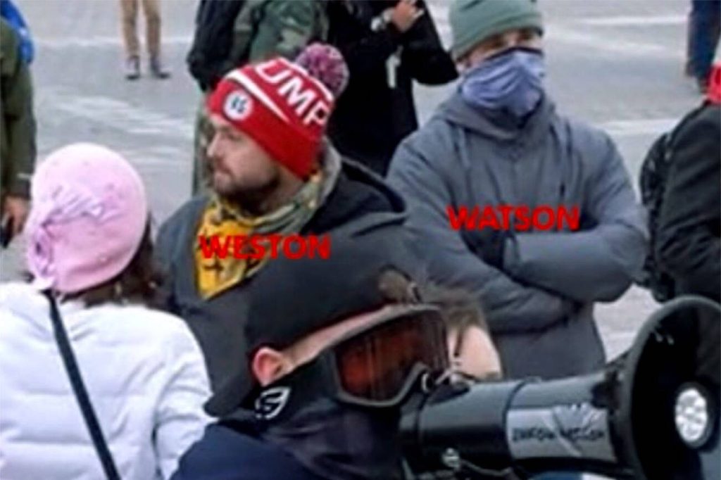 Federal prosecutors say the two men shown here outside the U.S. Capitol on Jan. 6, 2021, are Tucker Weston, left, and Jesse Watson. (U.S. Attorneys Office for the District of Columbia)
