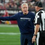 Seattle Seahawks head coach Pete Carroll argues a call with side judge Jim Quirk during Sundays game against the Arizona Cardinals in Glendale, Ariz. (AP Photo/Rick Scuteri)