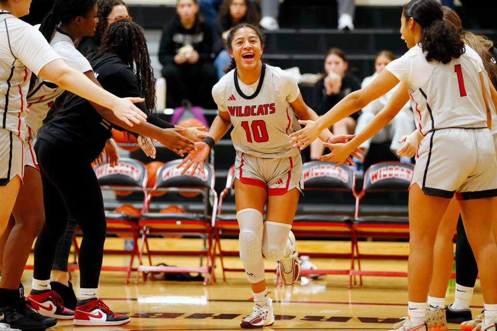 Archbishop Murphy freshman Ashley Fletcher is introduced as a starter before a matchup against Arlington on Tuesday, Jan. 9, 2024, at Archbishop Murphy High School in Everett, Washington. (Ryan Berry / The Herald)