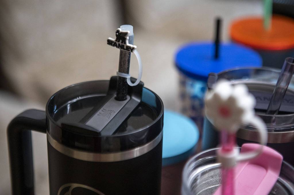 A straw cover on one of Cecilia Garcias water bottles. (Annie Barker / The Herald)