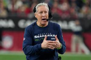 Seattle Seahawks head coach Pete Carroll during the first half of an NFL football game against the Arizona Cardinals, Sunday, Jan. 8, 2024, in Glendale, Ariz. (AP Photo/Rick Scuteri)