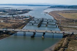 The I-5, Highway 529 and the BNSF railroad bridges cross over Union Slough as the main roadways for north and southbound traffic between Everett and Marysville. (Olivia Vanni / The Herald)