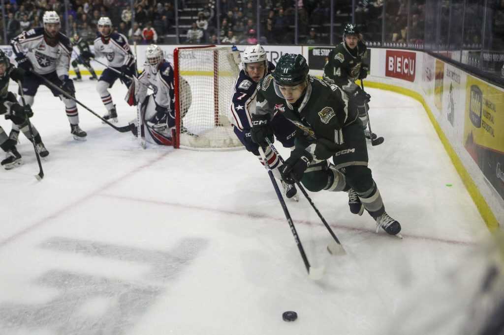 Silvertips Carter Bear (11) moves with the puck during a game between the Everett Silvertips and Tri-City Americans at the Angel of the Winds Arena on Sunday, Jan. 21, 2024. The Silvertips won, 5-3. (Annie Barker / The Herald)