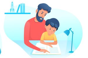 Happy family time together set vector illustration. Cartoon young father holding son in hands, dad and kid study with book at home, mother and baby sitting in kitchen chairs to eat healthy food