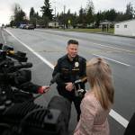 Capt. Robert Goetz of the Everett Police Department speaks with the media during a police standoff related to a shooting at The Bluffs Apartments on West Casino Road on Monday, Jan. 22, 2024, in Everett, Washington. (Ryan Berry / The Herald)
