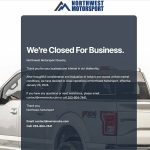 A screenshot of Northwest Motorsport's website featuring a message announcing the business' closure.