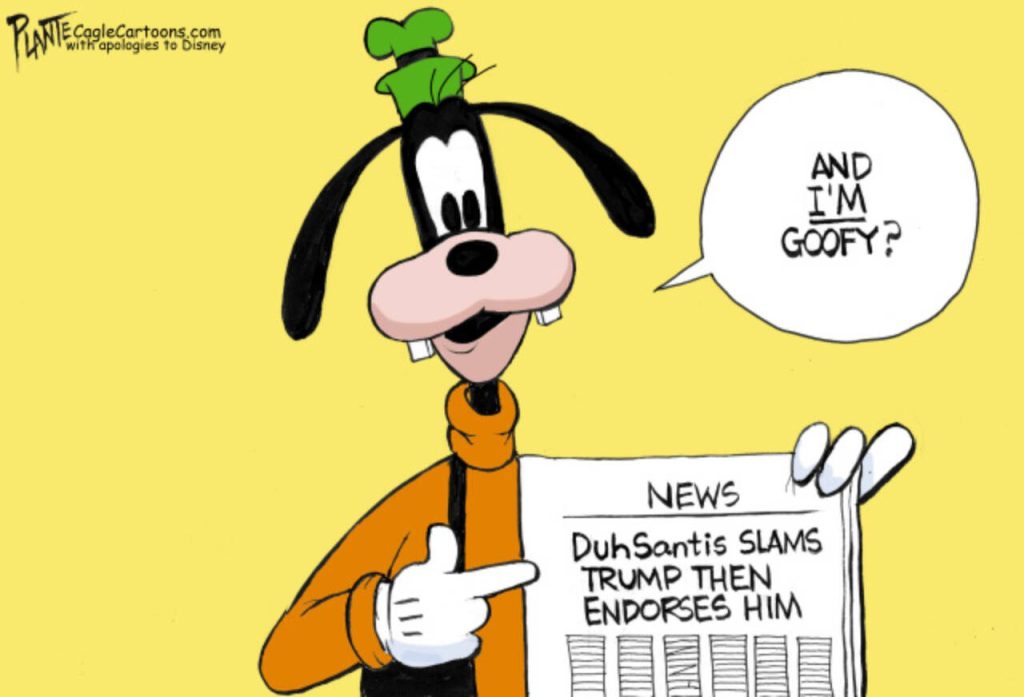 DuhSantis slams Trump, Governor Ron DeSantis, endorses, Goofy, Disney, ExPresident Donald J. Trump, Campaign 2024, Presidential Primary, election, Iowa, New Hampshire, GOP, RNC, Republican Party