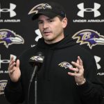 Baltimore Ravens defensive coordinator Mike Macdonald talks to the media during an NFL football media availability, Thursday, Jan. 25, 2024, in Owings Mills, Md. (AP Photo/Nick Wass)