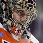 FILE -  Philadelphia Flyers' goaltender Carter Hart in action during an NHL hockey game against the Colorado Avalanche, Saturday, Jan. 20, 2024, in Philadelphia. (AP Photo/Derik Hamilton, File)