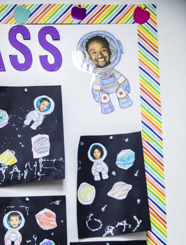 A photo of student teacher Joshua Wisnubroto as an astronaut on a class board. (Olivia Vanni / The Herald)