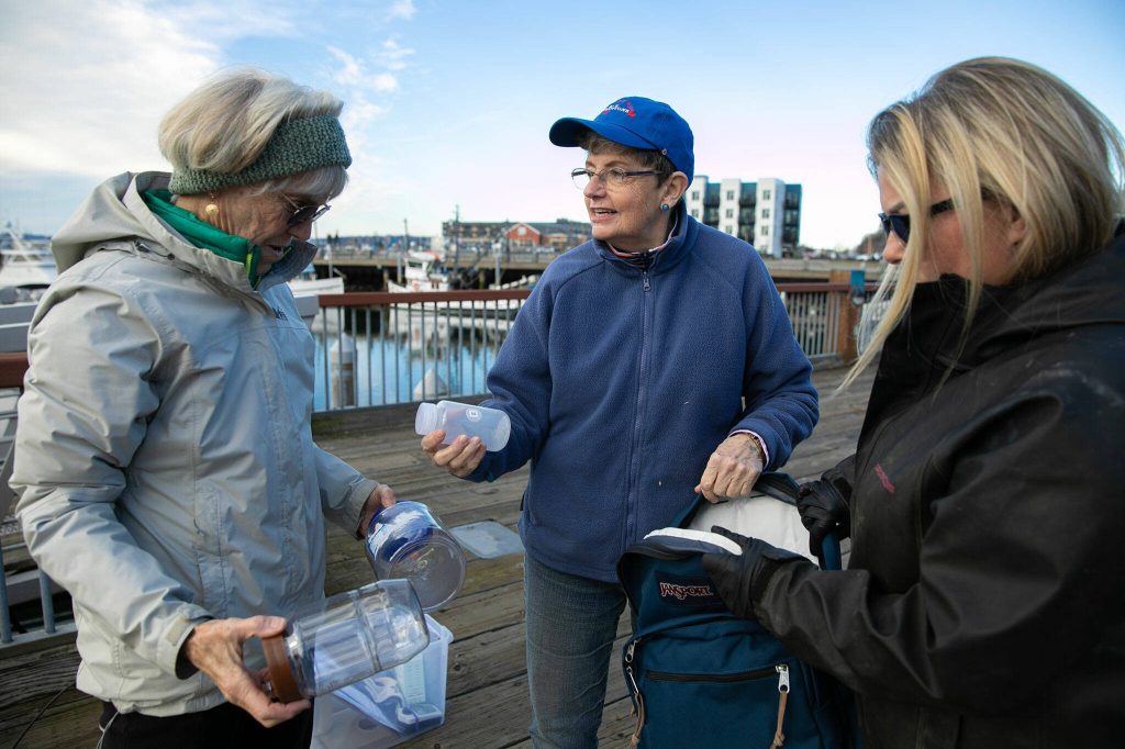 Volunteers Lynn Lichtenberg, left, and Claudia Douglass meet up with Port of Everett maintenance worker Elisha Gidley, right, to collect and test samples of stormwater at the Port of Everett waterfront Friday, Feb. 16, 2024, in Everett, Washington. (Ryan Berry / The Herald)