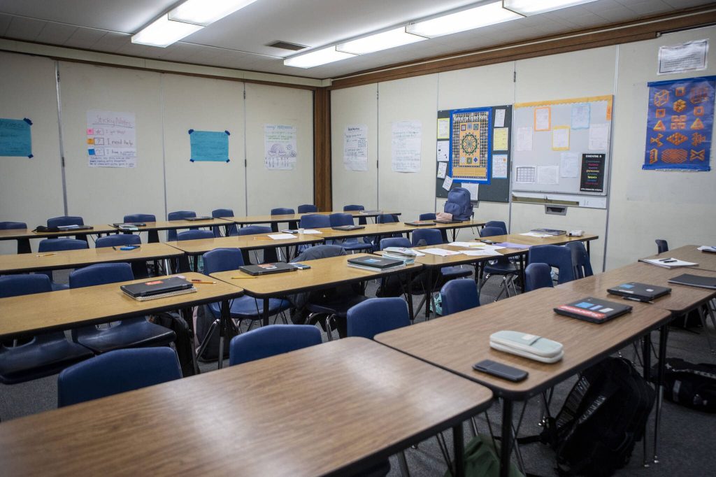 A classroom with folding walls inside College Place Middle School in Lynnwood, Washington, on Thursday, Feb. 1, 2023. Noise transfers easily between rooms. If approved, a capital bond measure on the February ballot would allow the school district to rebuild both College Place Elementary and Middle. (Annie Barker / The Herald)
